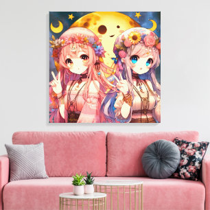Anime Girl Hippie Moon Girls Geven Vredesteken Canvas Afdruk