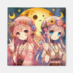 Anime Girl Hippie Moon Girls Geven Vredesteken Magneet