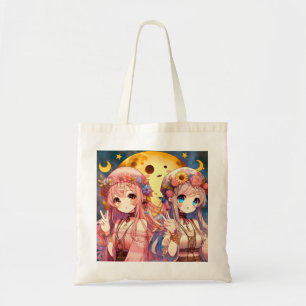 Anime Girl Hippie Moon Girls Geven Vredesteken Tote Bag