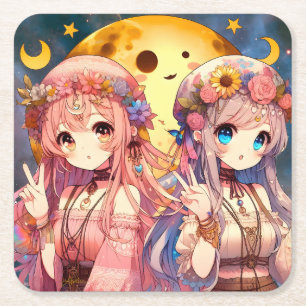 Anime Girl Hippie Moon Girls Geven Vredesteken Vierkante Kartonnen Onderzetter