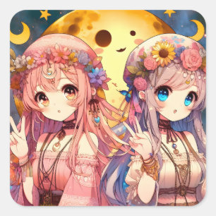 Anime Girl Hippie Moon Girls Geven Vredesteken Vierkante Sticker