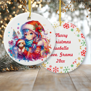 Anime Girl in Santa Hat Waterverf Kerst Keramisch Ornament
