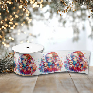 Anime Girl in Santa Hat Waterverf Kerst Lint