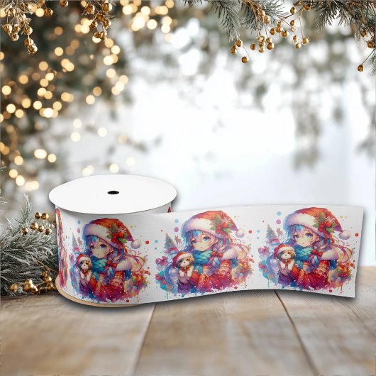 Anime Girl in Santa Hat Waterverf Kerst Lint