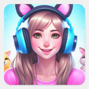 Anime Girl met een hoofdtelefoon voor games Vierkante Sticker