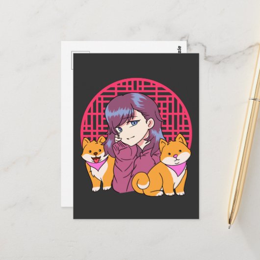 Anime Girl met honden Briefkaart (Voorkant / Achterkant in situ)
