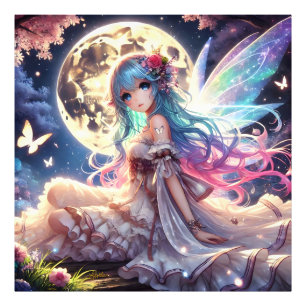 Anime Girl Moon Fairy Princess in de tuin Foto Afdruk