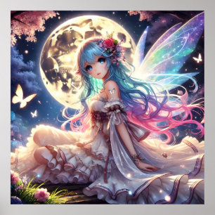 Anime Girl Moon Fairy Princess in de tuin Poster