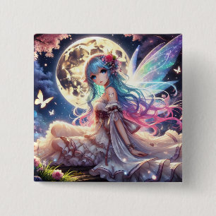 Anime Girl Moon Fairy Princess in de tuin Vierkante Button 5,1 Cm