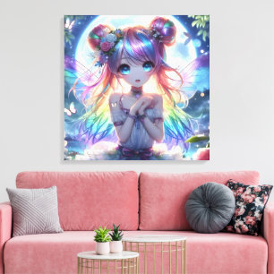 Anime Girl Rainbow Hair Singing Moon Fairy Canvas Afdruk