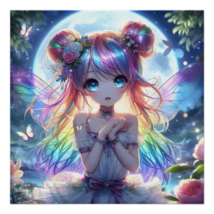 Anime Girl Rainbow Hair Singing Moon Fairy Perfect Poster