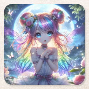 Anime Girl Rainbow Hair Singing Moon Fairy Vierkante Kartonnen Onderzetter