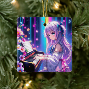 Anime Girl Spelen Piano Gepersonaliseerde Kerstmis Keramisch Ornament