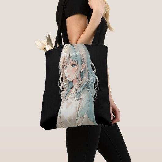 Anime Girl Tote Bag – Blue Hair Style (De près)