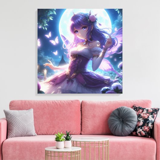 Anime Girl Violet Butterfly Wing Moon Fairy Canvas Afdruk (Insitu (Woonkamer))