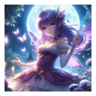 Anime Girl Violet Butterfly Wing Moon Fairy Foto Afdruk