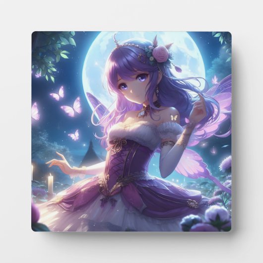 Anime Girl Violet Butterfly Wing Moon Fairy Fotoplaat (Voorkant)