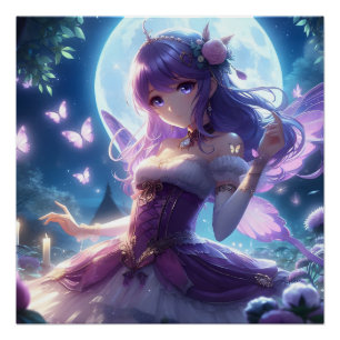Anime Girl Violet Butterfly Wing Moon Fairy Perfect Poster
