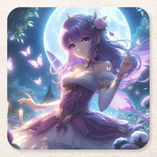 Anime Girl Violet Butterfly Wing Moon Fairy Vierkante Kartonnen Onderzetter