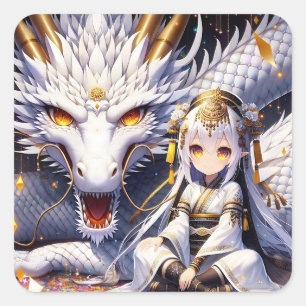 Anime Girl Warrior en Dragon Ai Art Vierkante Sticker