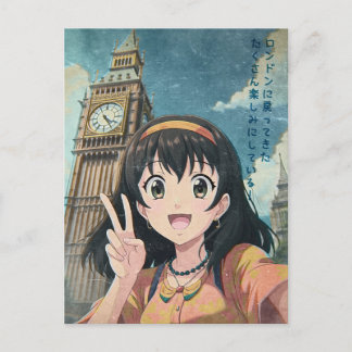Anime Girl with Big Ben, London - Retro Kawaii Art Feestdagenkaart
