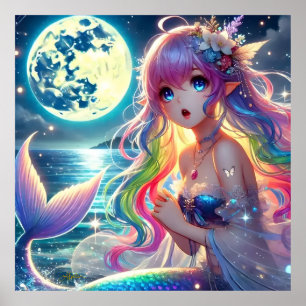 Anime Girl Zingende Maanlicht Pixie Regenboog Zeem Poster