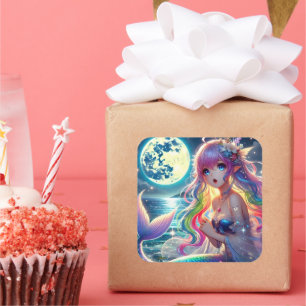 Anime Girl Zingende Maanlicht Pixie Regenboog Zeem Vierkante Sticker