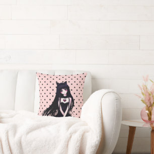 Anime Gothic Girl op Polka Dots Kussen