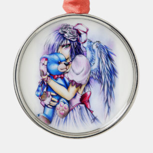 Anime Gothic Pink Angel Girl met Teddy Metalen Ornament