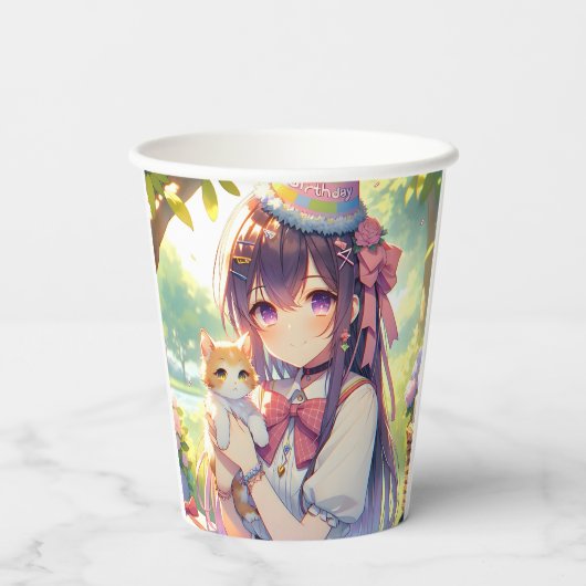 Anime Holding Kitten Meisje Verjaardag Papieren Bekers (Achterkant)
