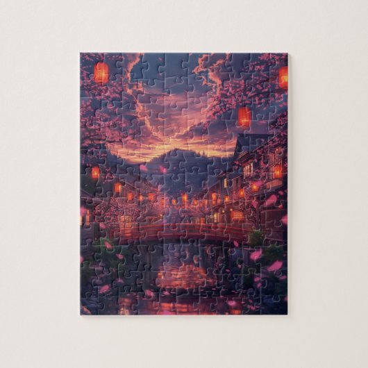 Anime Japanese Town at Sunset Puzzle – Cherry Blos (Vertical)