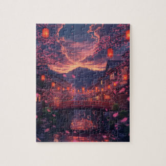 Anime Japanese Town at Sunset Puzzle – Cherry Blos Legpuzzel