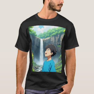 Anime-jongen bewondert waterval in een prachtige n t-shirt