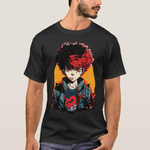Anime Jongen: Illustratie van Rood en Zwart Haar T-shirt