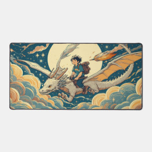 Anime jongen rijden een draak onder volle maan hem bureaumat