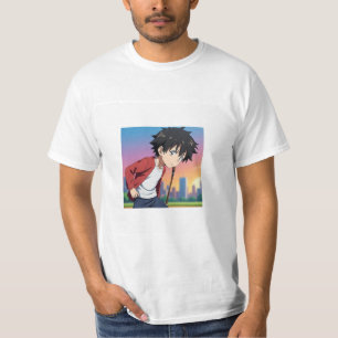 Anime-jongen speelt honkbal bij zonsondergang in d t-shirt