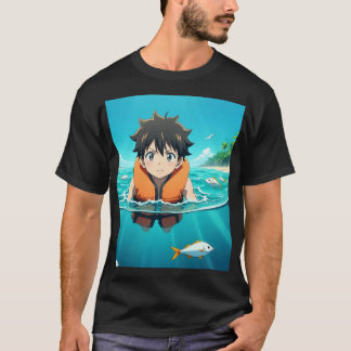Anime-jongen zwemt in de oceaan met vissen – Schat T-shirt