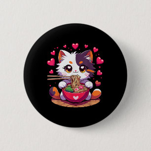 Anime Kat Eten Ramen Noedels Met Harten Valenti Ronde Button 5,7 Cm