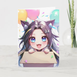 Anime Kat Meisje Grappige Ballonnen Feestdagen Kaart