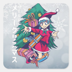 Anime-kersttrui - Happy Girl met Santa Hat Vierkante Sticker