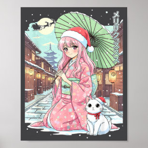 Anime Kimono Meisje Kerstmis Japan Kat Kerstmis Ja Poster