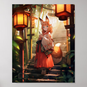 Anime Kitsune Meisje Leuke Fox Fantasy Kunst Poster