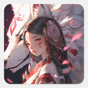 Anime Kitsune Meisje Leuke Fox Fantasy Kunst Vierkante Sticker