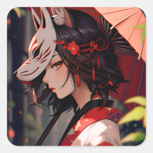 Anime Kitsune Meisje Leuke Fox Fantasy Kunst Vierkante Sticker
