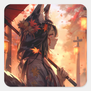 Anime Kitsune Meisje Leuke Fox Fantasy Kunst Vierkante Sticker