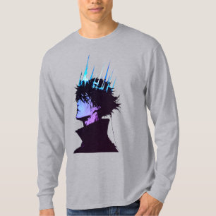 Anime Koning Gotische Mannelijke Portret met Blauw T-shirt