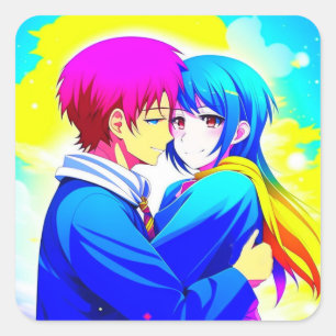 Anime Koppel knuffelen roze en blauw Vierkante Sticker