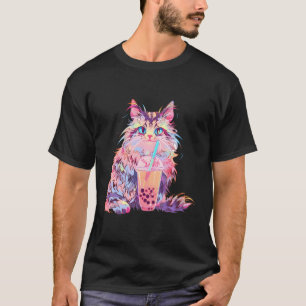 Anime Maine Coon Cat Boba Drink Kawaii Kat Bubbl T-shirt