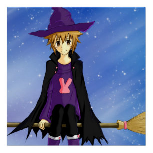 Anime manga jongen met paarse hoed en cape perfect poster