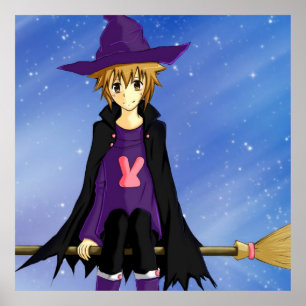 Anime manga jongen met paarse hoed en cape poster